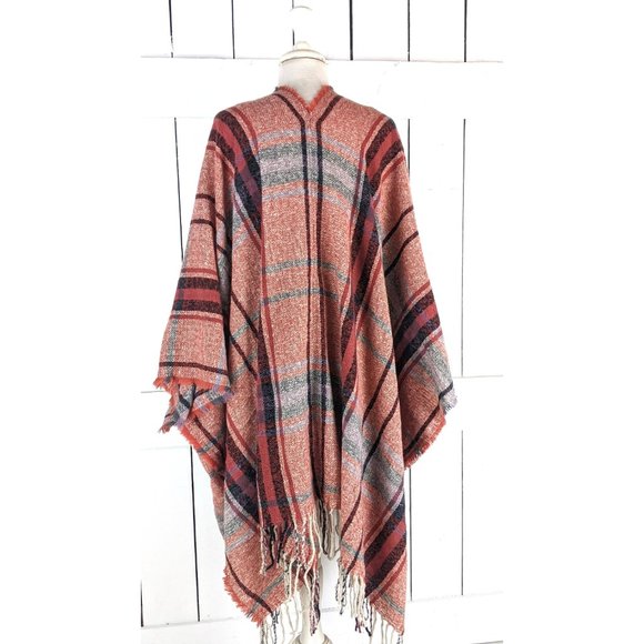 Red tartan plaid tassel fringe kimono cardigan cover up jacket one size - Picture 4 of 5